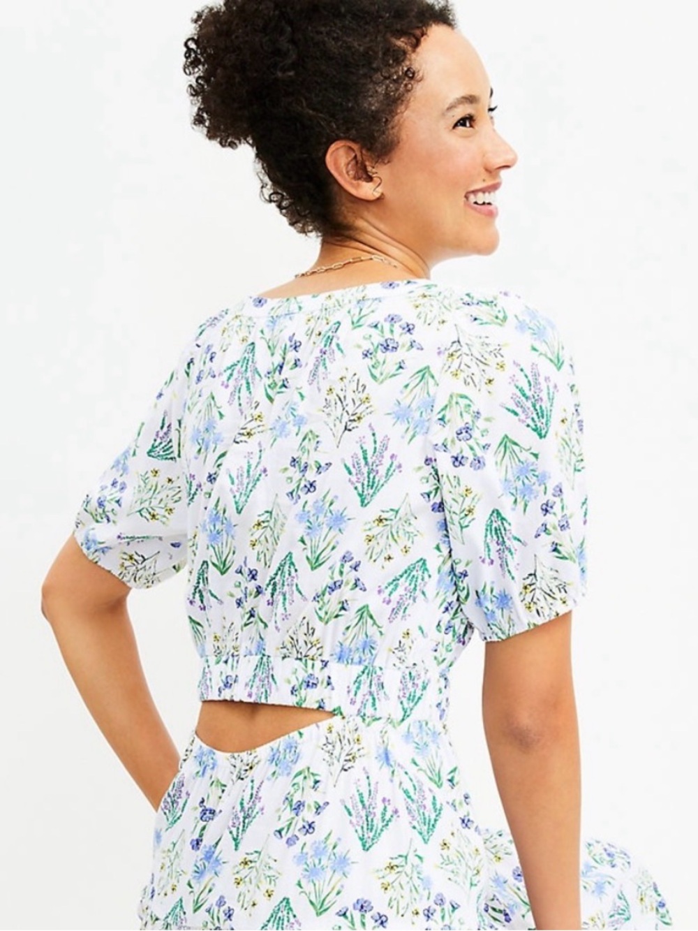 EUC LOFT Bouquet Back Cutout Midi Dress with Blue and Green Floral Print Sz SM - Picture 2 of 11